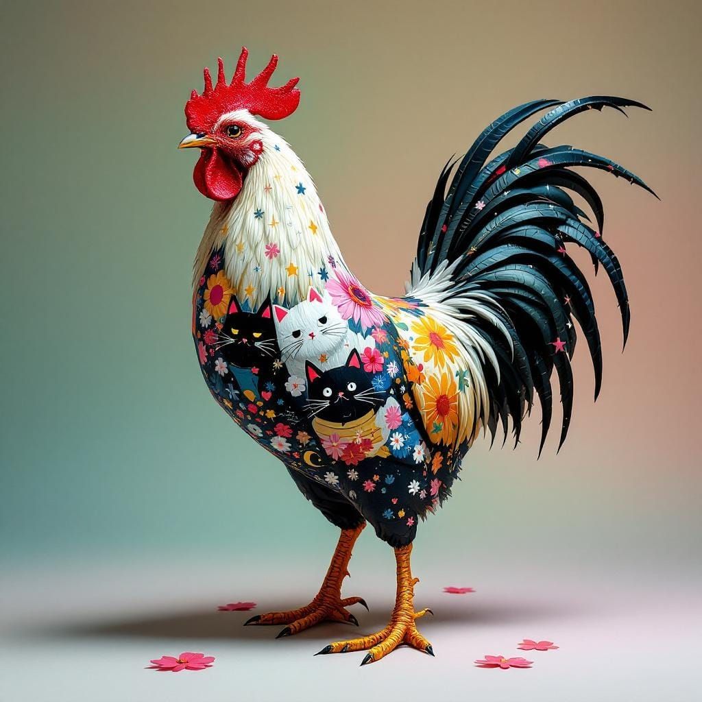 Doll-Like Rooster with Vivid Bodypaint in Bauhaus Style