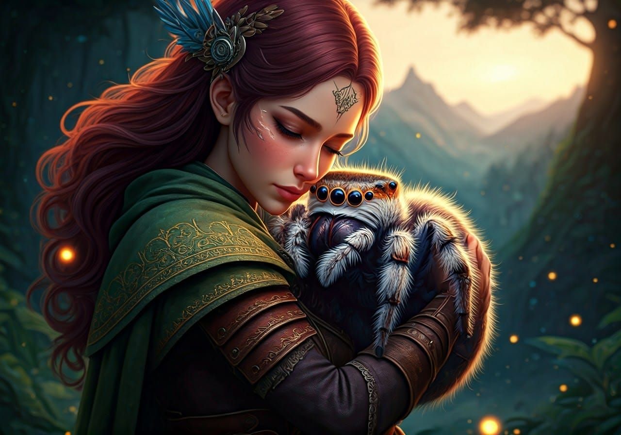 Fantasy Adventurer with Iridescent Spider in Ancient Forest