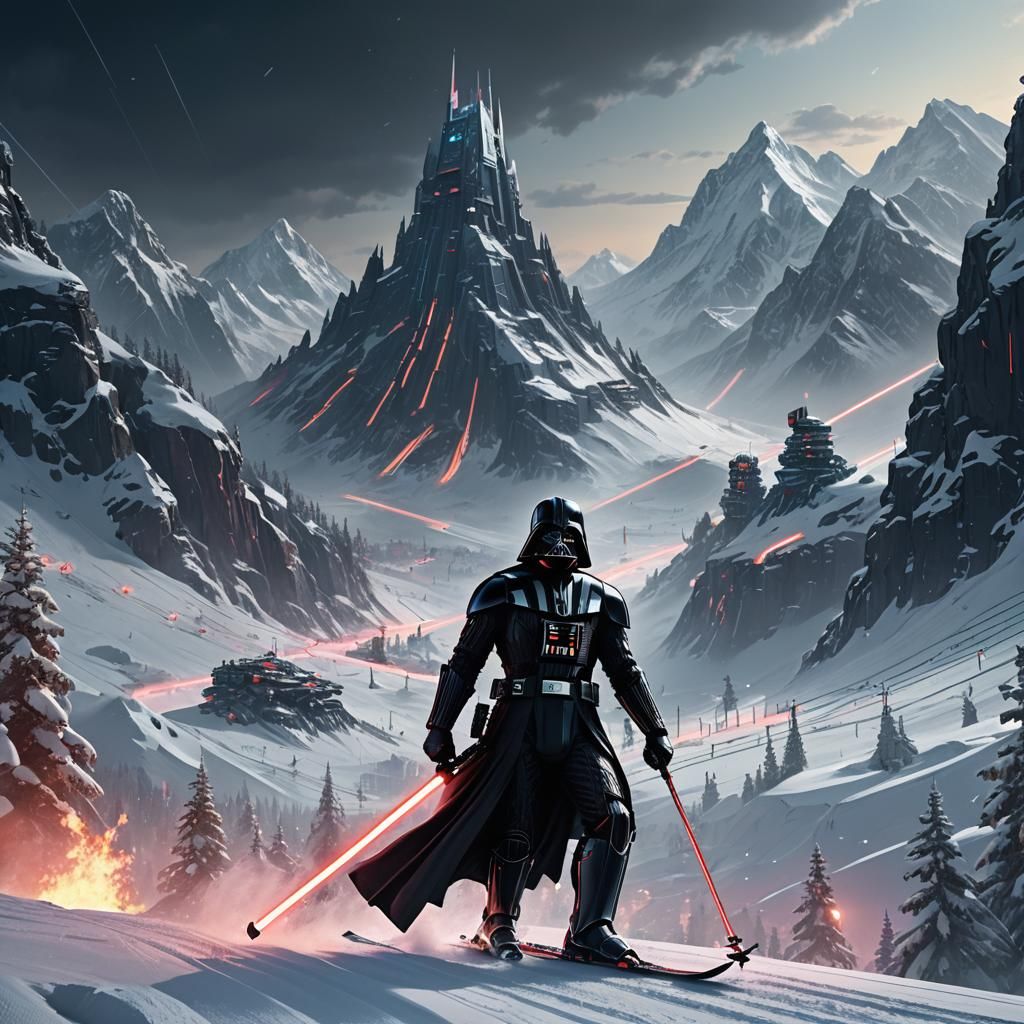 Darth Vader on Snowy Mountain in Sci-Fi Style