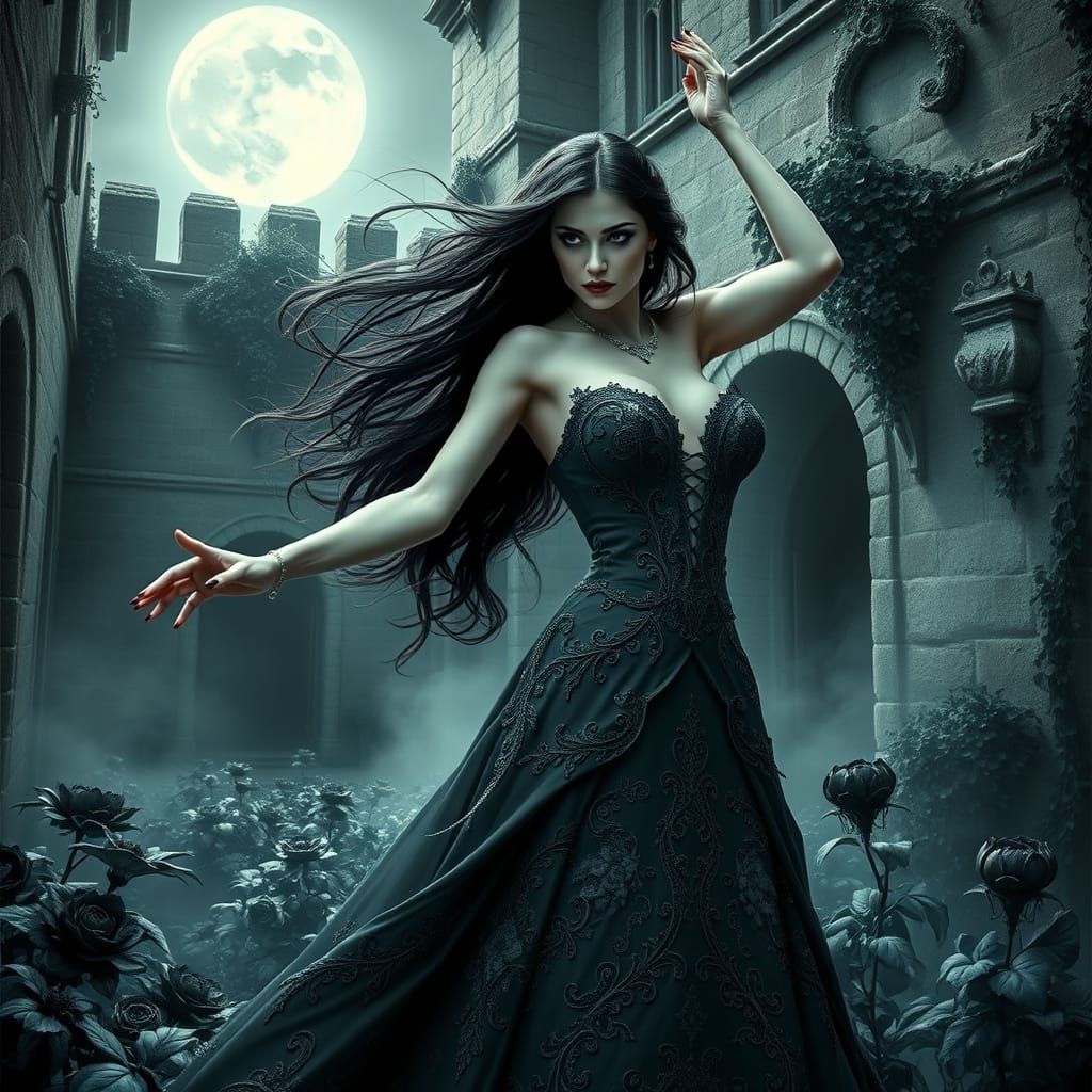 Beautiful Vampire Dancing in Castle Courtyard