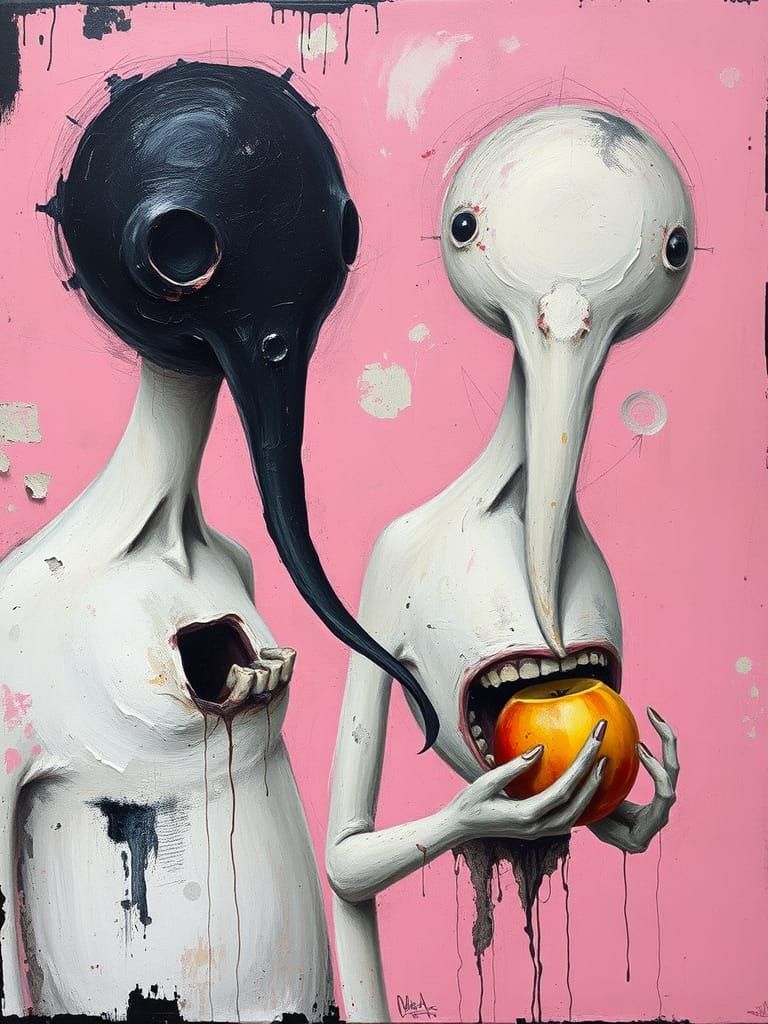 Distorted Forms Feast on Fruit in a Surreal, Smudged Oil Pai...