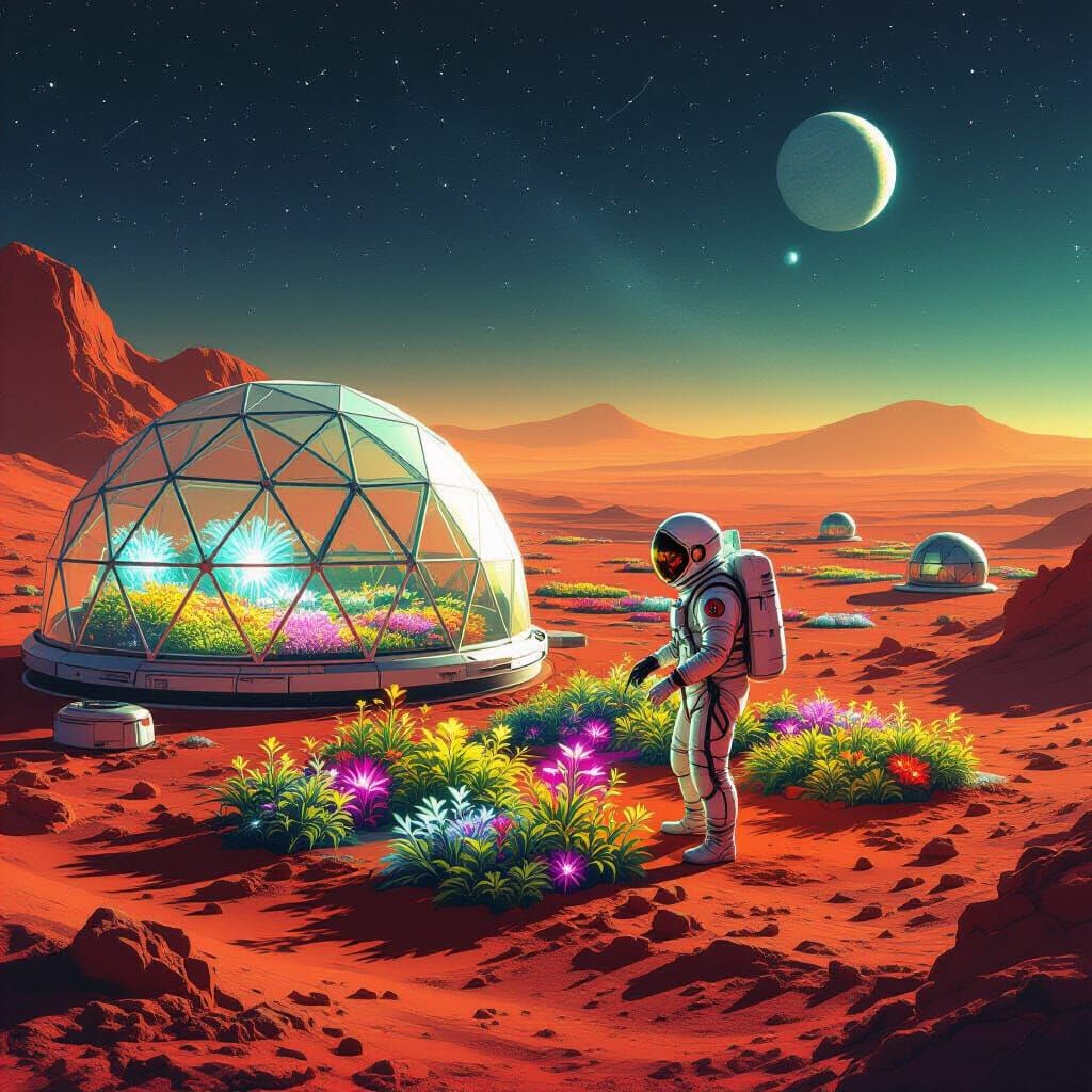 Astronaut Tends Alien Garden in Retro-Futuristic Dome