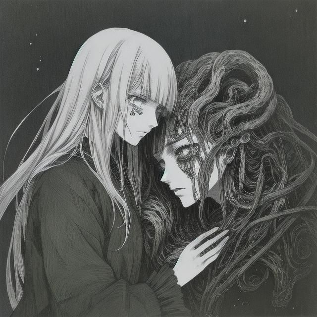 Dark-Eyed Anime Girls Kissing: Yuri Fantasy Horror
