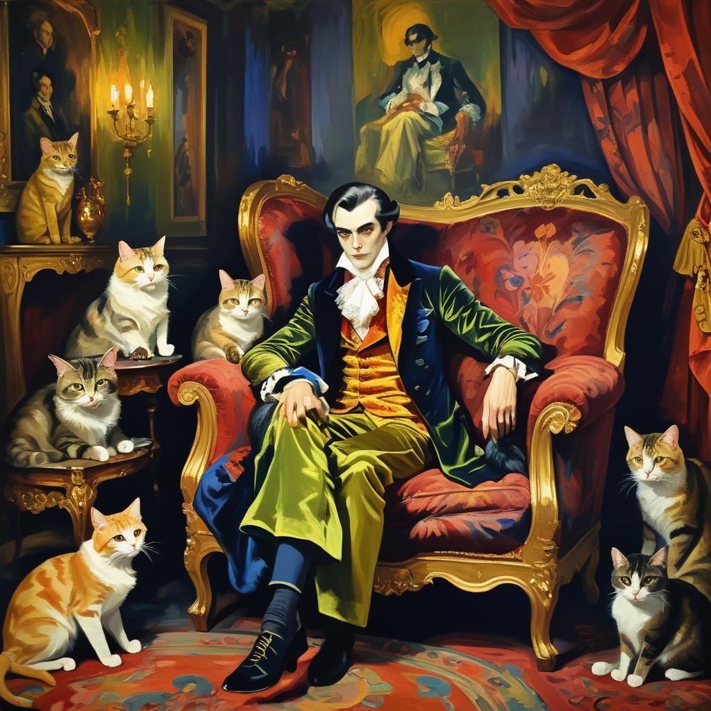 Fauvist Vampire Portrait with Cats in Ornate Chamber