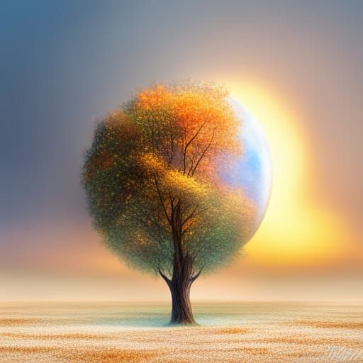 Single Tree in Sunset Field, Kinkade Style