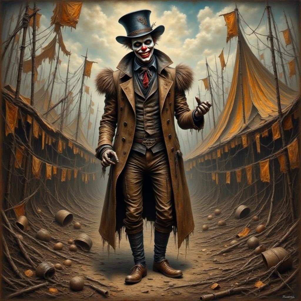 Eerie Post-Apocalyptic Clown in Ruins of a Haunted Circus