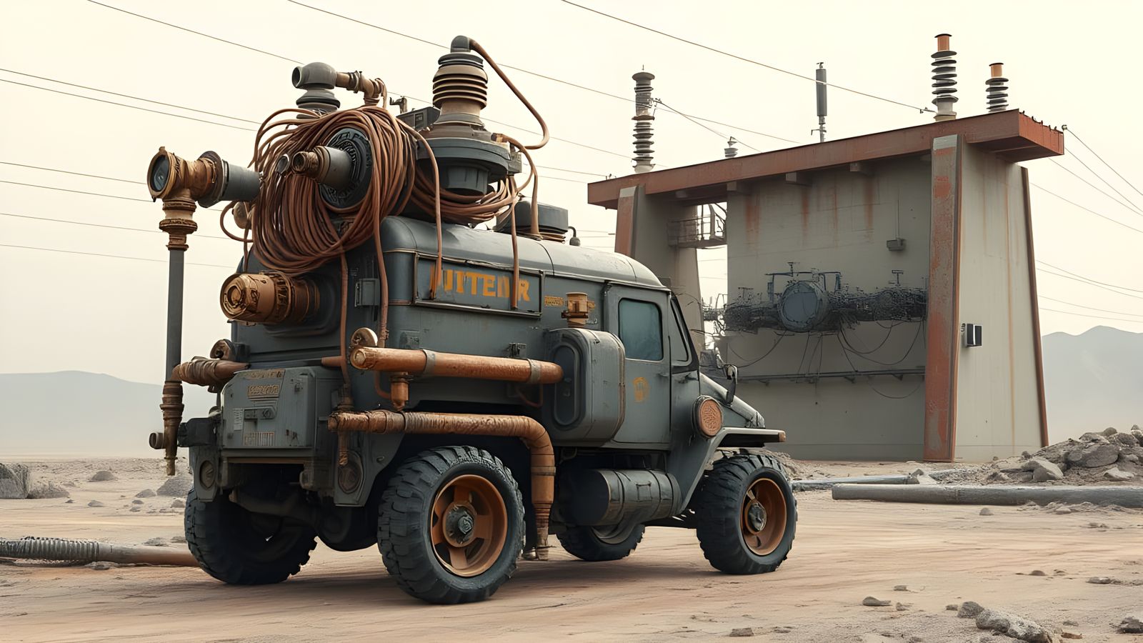 Futuristic Mechanical Vehicle and Brutalist Power Conduit