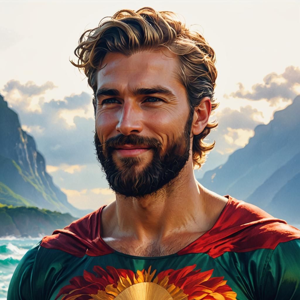 Blond Man with Beard by the Sea: Oil Painting