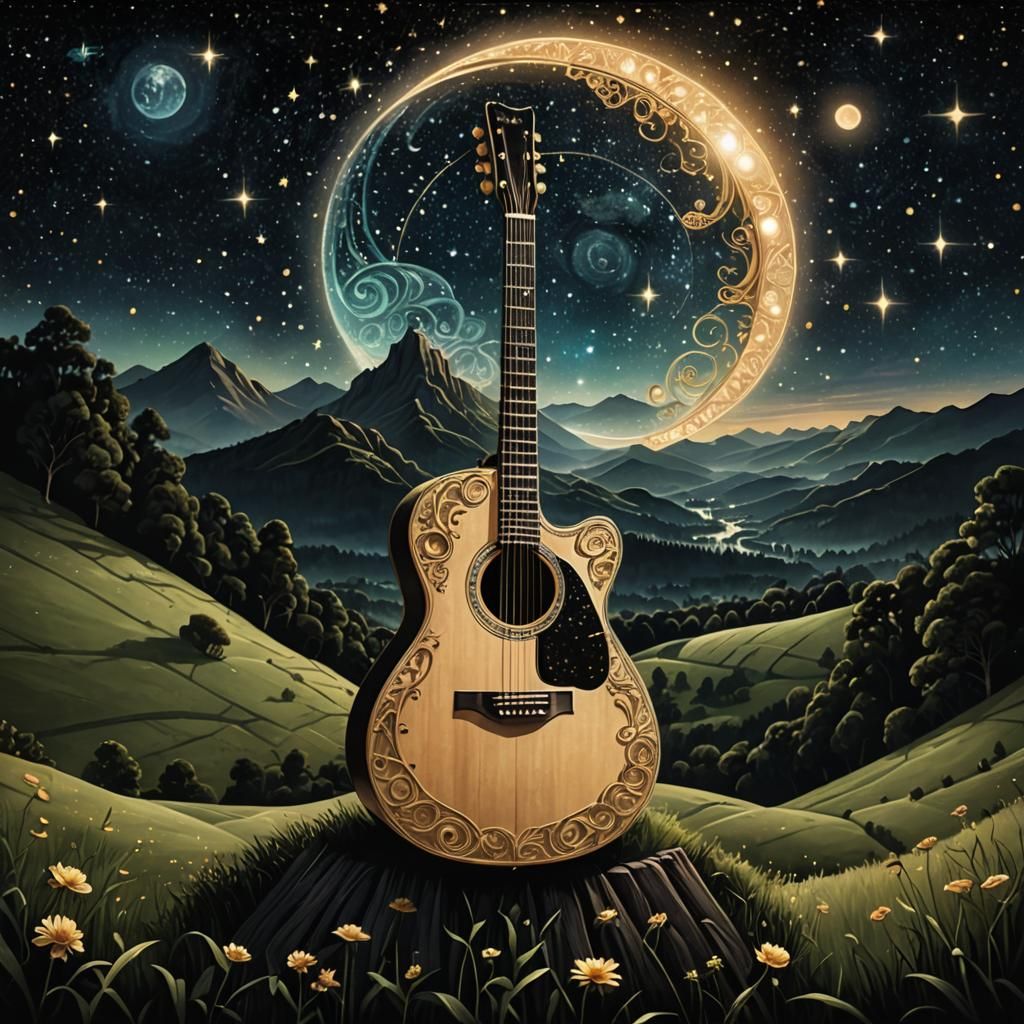 Ethereal Acoustic Guitar Amidst Starry Landscape