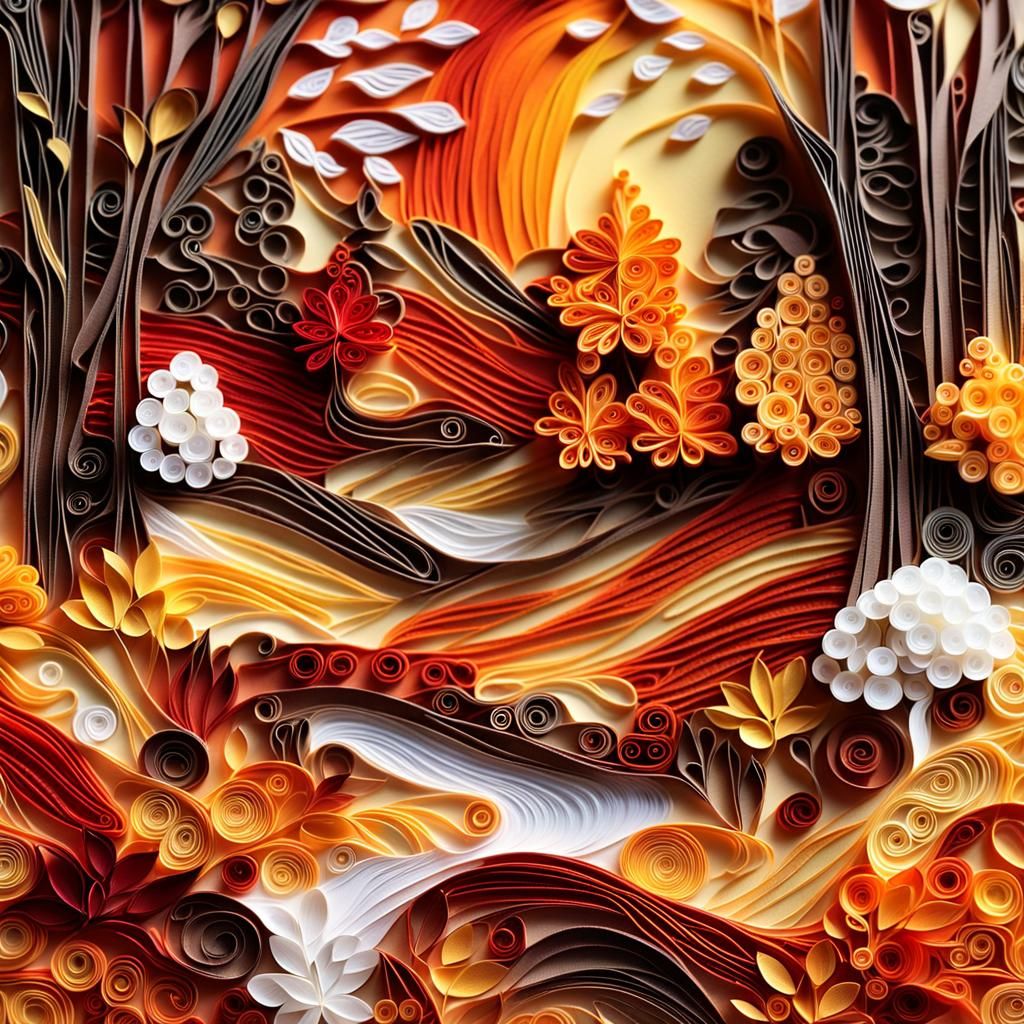 Autumn Woods Stream in Quilling Collage Art