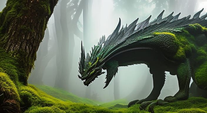 Stone Dragon Statue in Misty Forest, Anime Art
