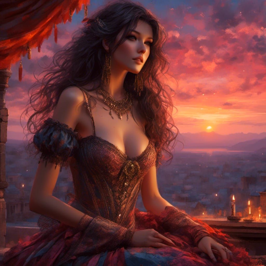 Anime Gypsy Woman in Sunset Color Sketch