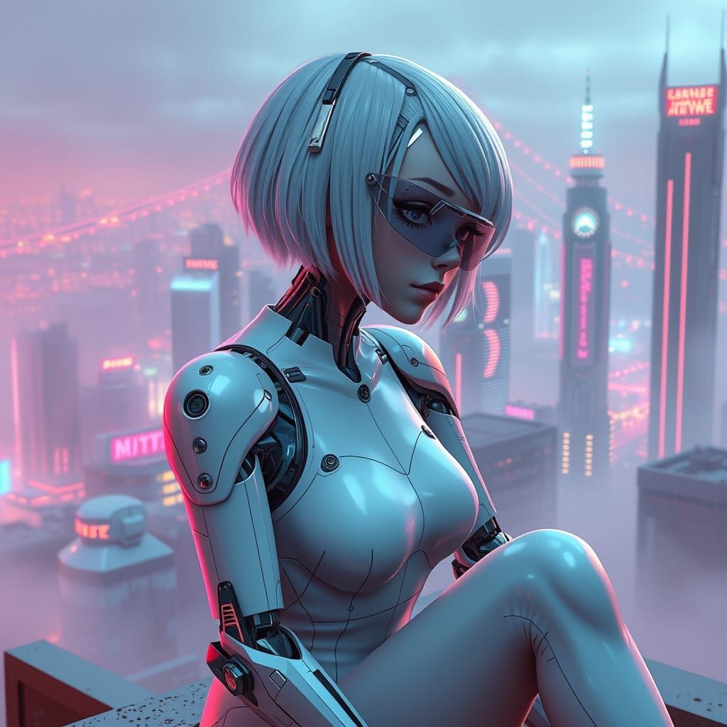 Cyberpunk Cyborg Girl Overlooking Neon Cityscape
