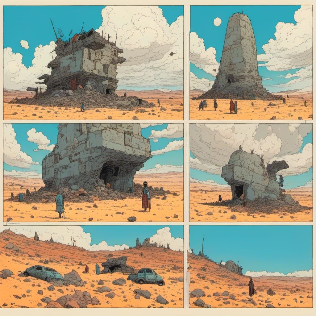 Moebius-Style Desert Landscape with Dolmens