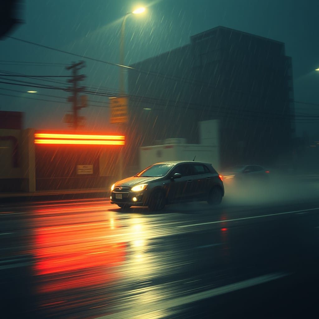 Small Car Speeding Through Rain in Cinematic Style