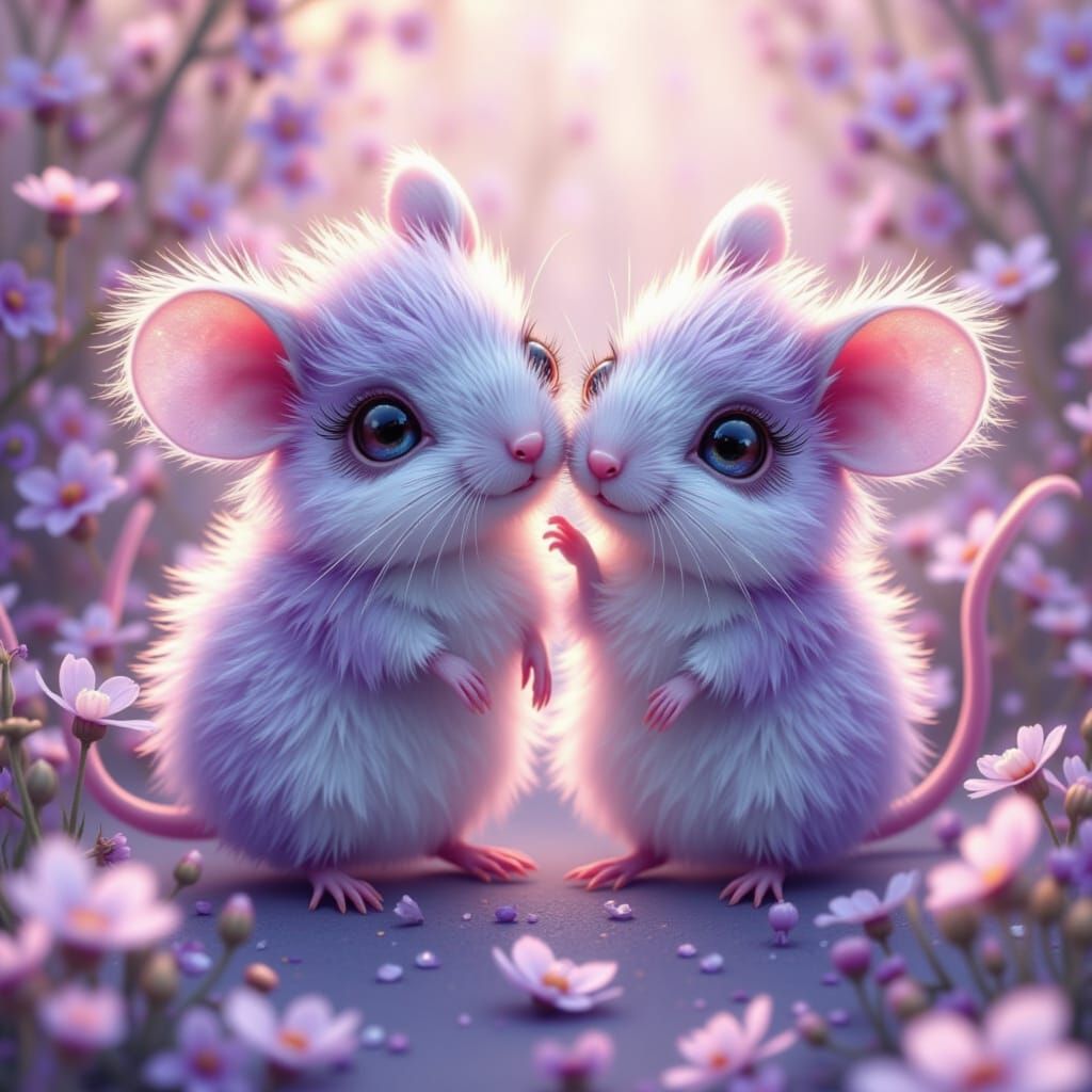 Ethereal Mice with Glittery Eyelashes in Mystical Landscape