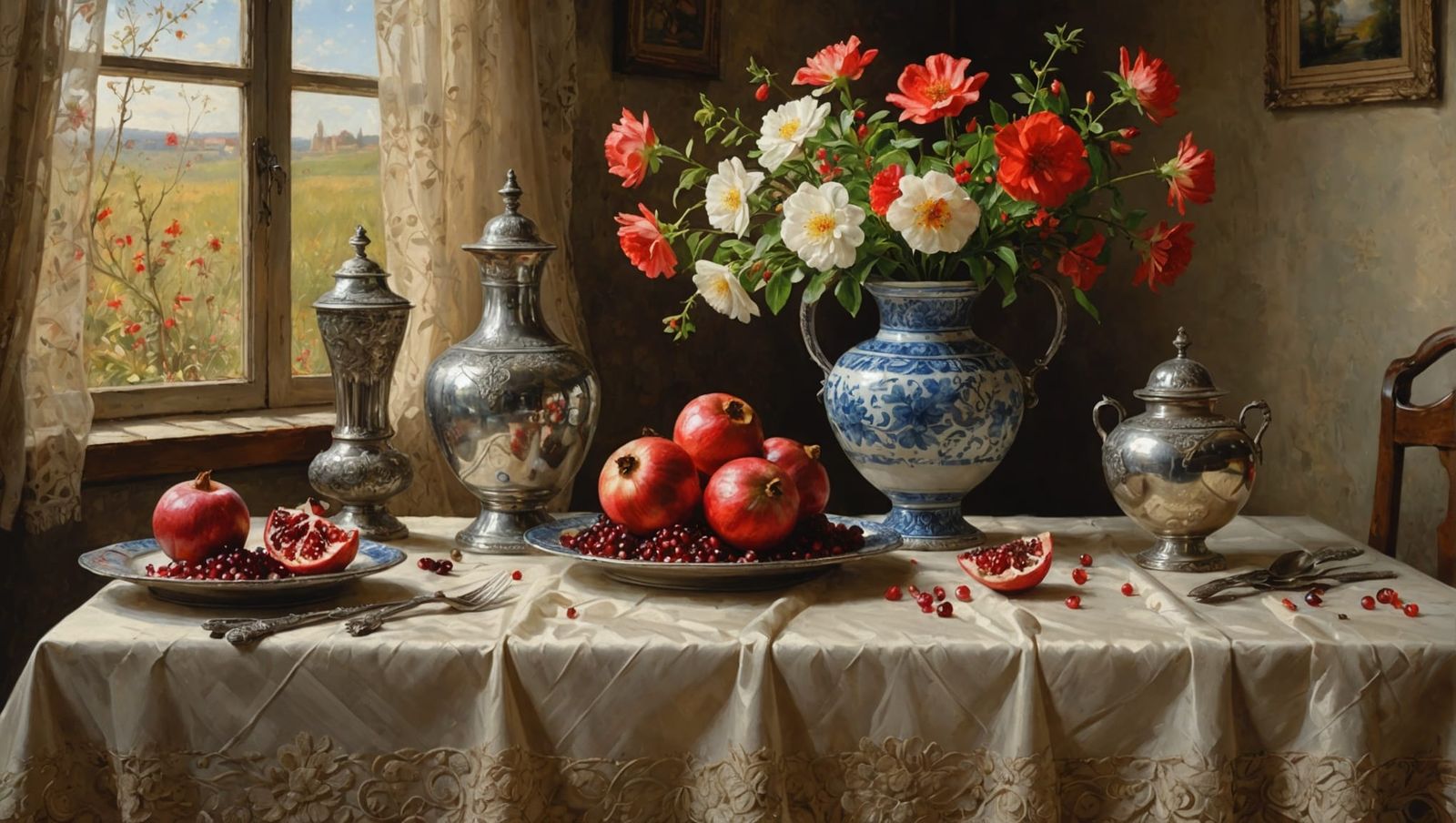 Impressionistic Still Life with Pomegranate and Silver Vase