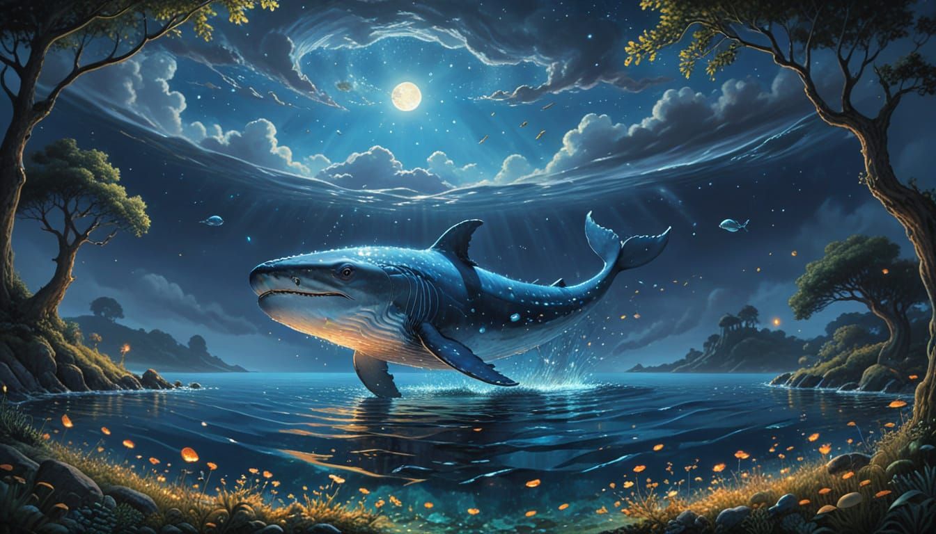 Iridescent Whale Glides Through Starry Night Sky with Miniat...
