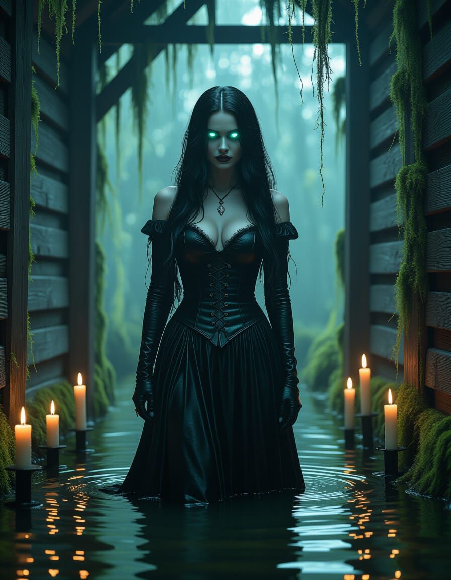 Ghostly Voodoo Woman in Candlelit Swamp Shack