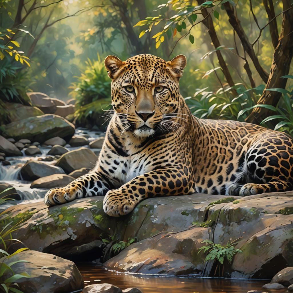 Leopard Resting by Stream: Digital Wildlife Art