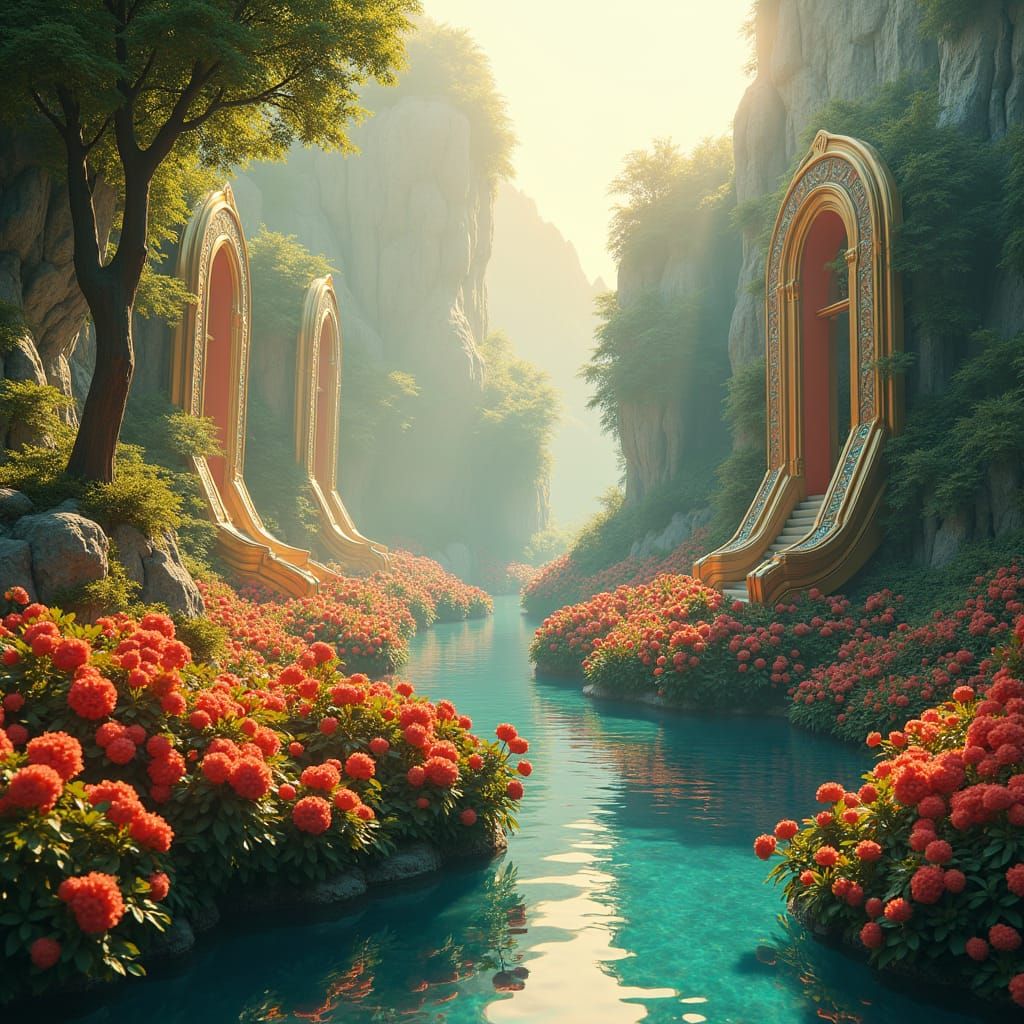 Golden Fantasy Realm with Lush Gardens and Rivers