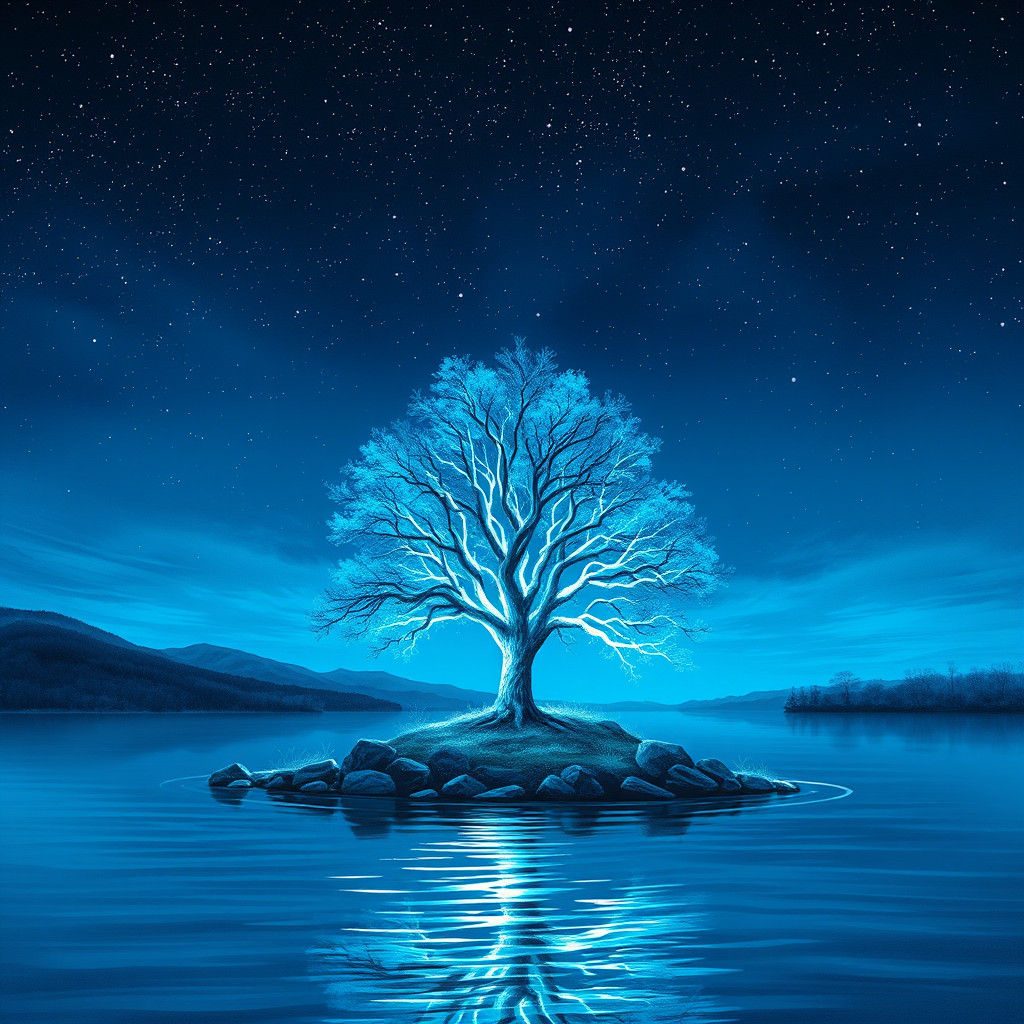 Luminescent Tree Island Under Starry Sky