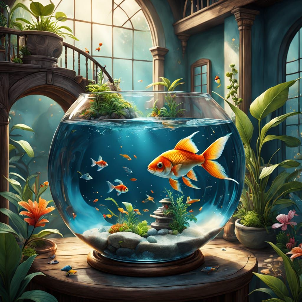 Whimsical Fantasy Scene with Gold Fish and Parrot