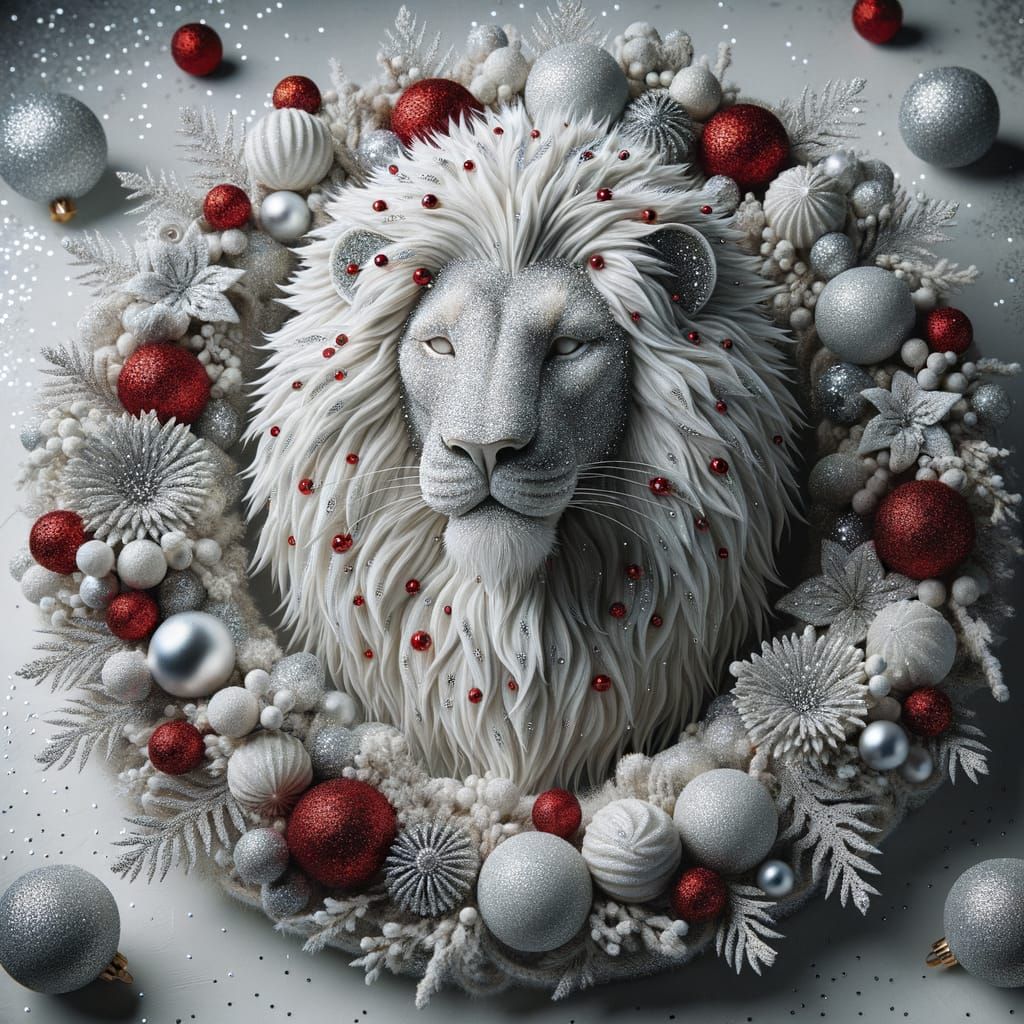 White Lion Head Christmas Wreath with Silver Sparkles