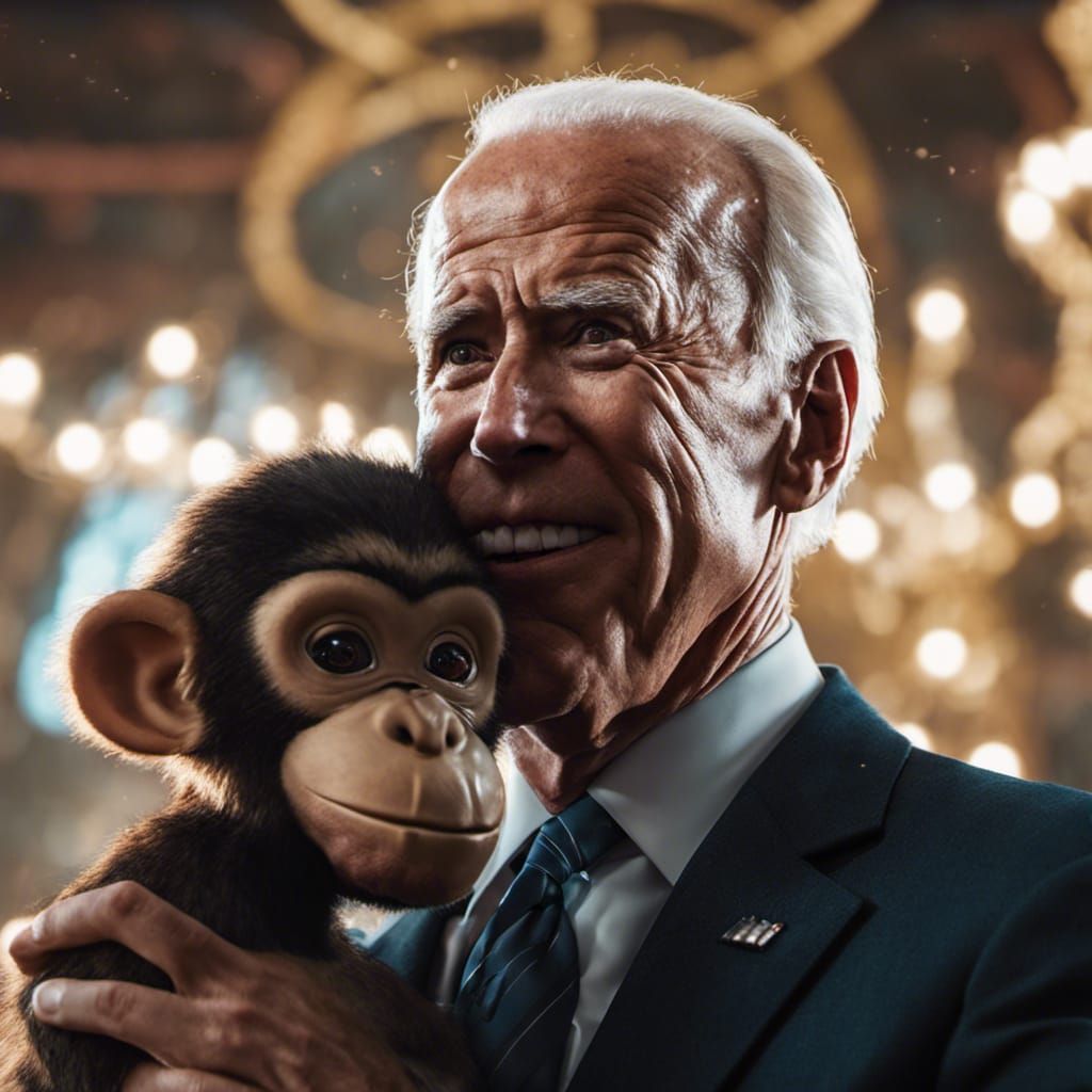 Joe Biden Portrait Kissing Monkey, Hyperrealistic Rendering
