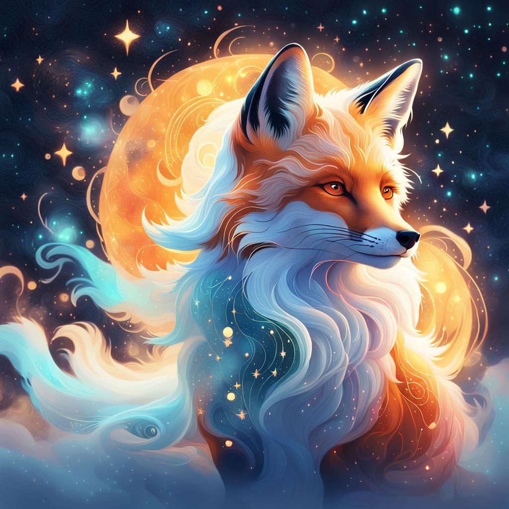 Ethereal Fox of Swirling Mist and Celestial Lights