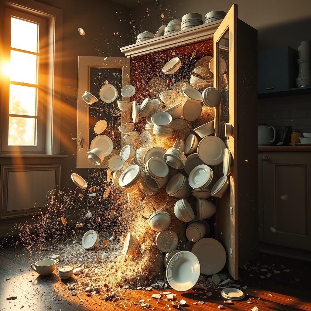 Exploding Kitchen Cabinet with Dishes Shattering