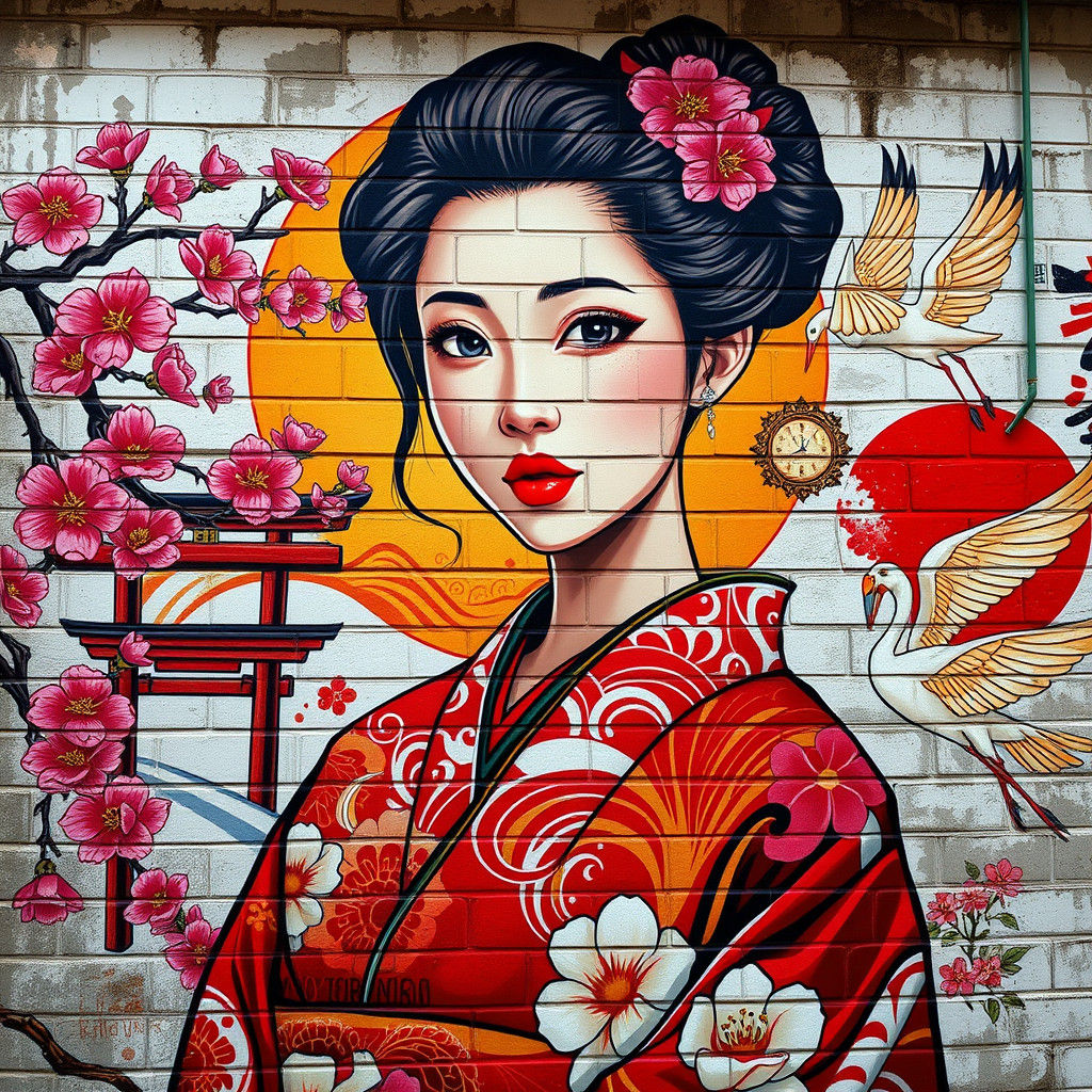 Anime-Inspired Street Art Mural with Asian Woman