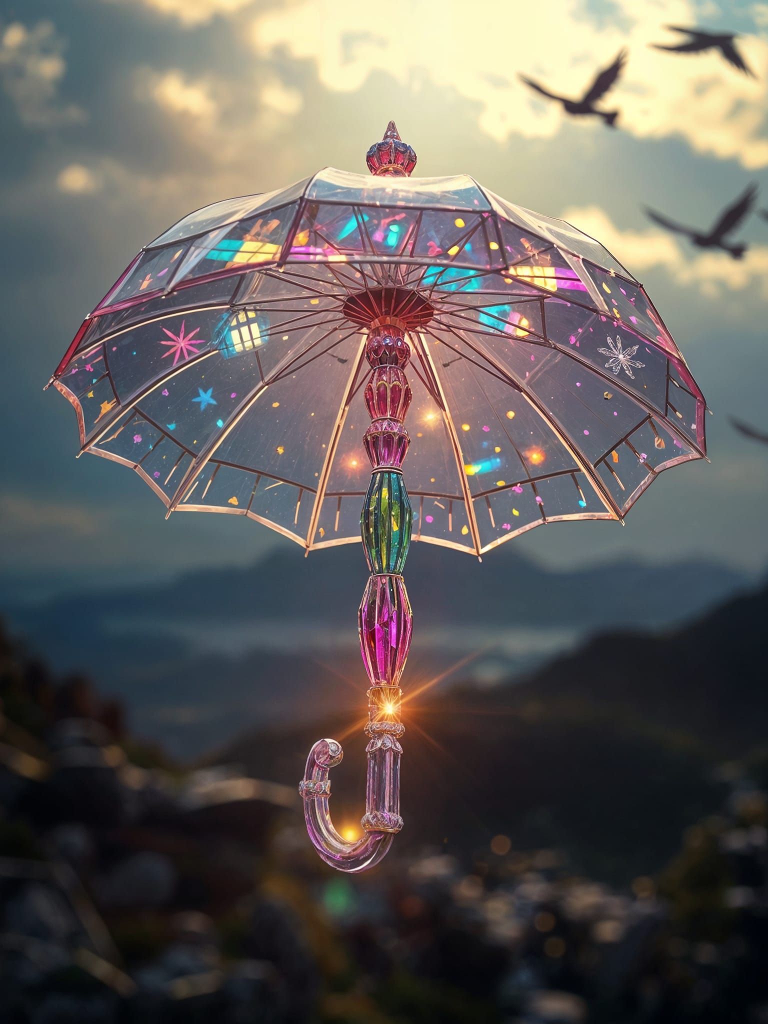 Ethereal Crystal Umbrella Radiates Vibrant Whimsy in Mid-Air