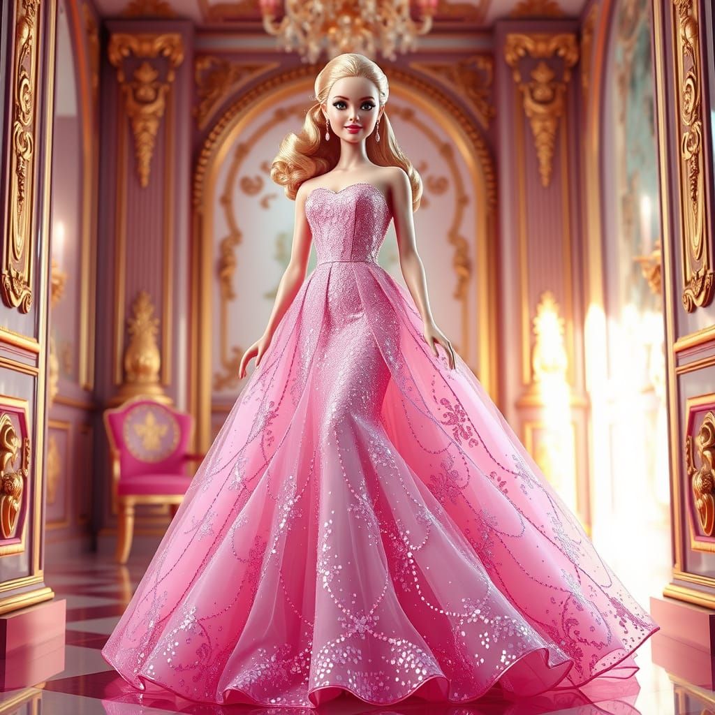 Glamorous Barbie Girl in Sparkling Pink Evening Gown
