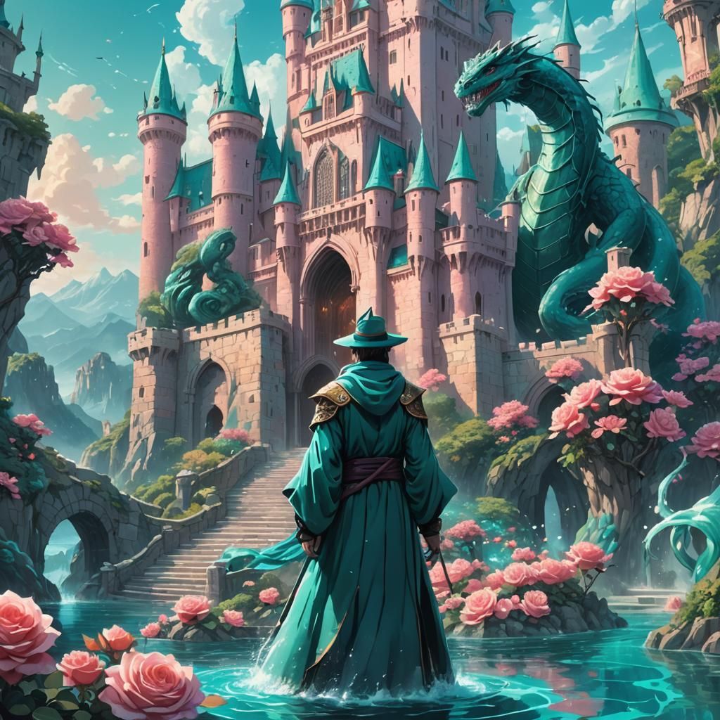 Anime Mage and Rose Castle with Sea Monster