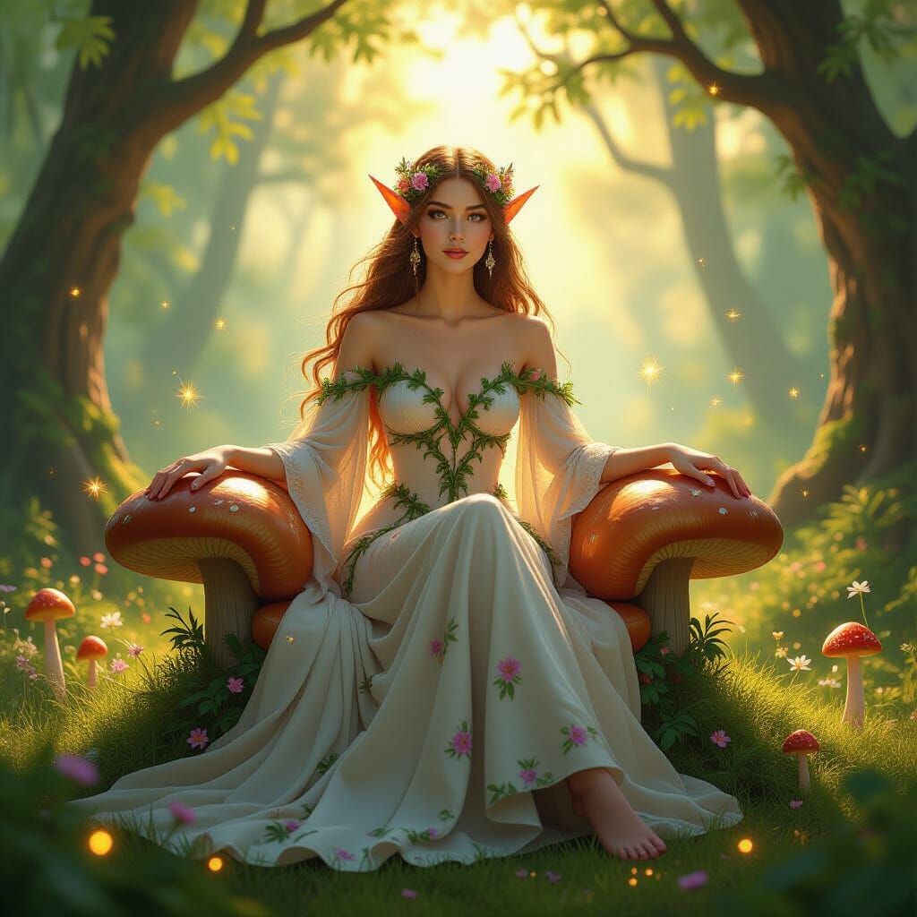 Enthroned Forest Elf in Bioluminescent Grove, Art Nouveau