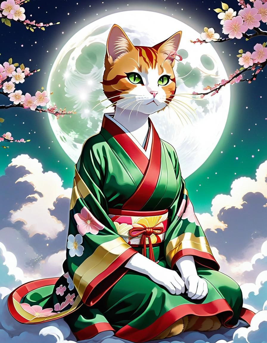 Anime Cat-Woman Gazing at Moon in Pastel Colors
