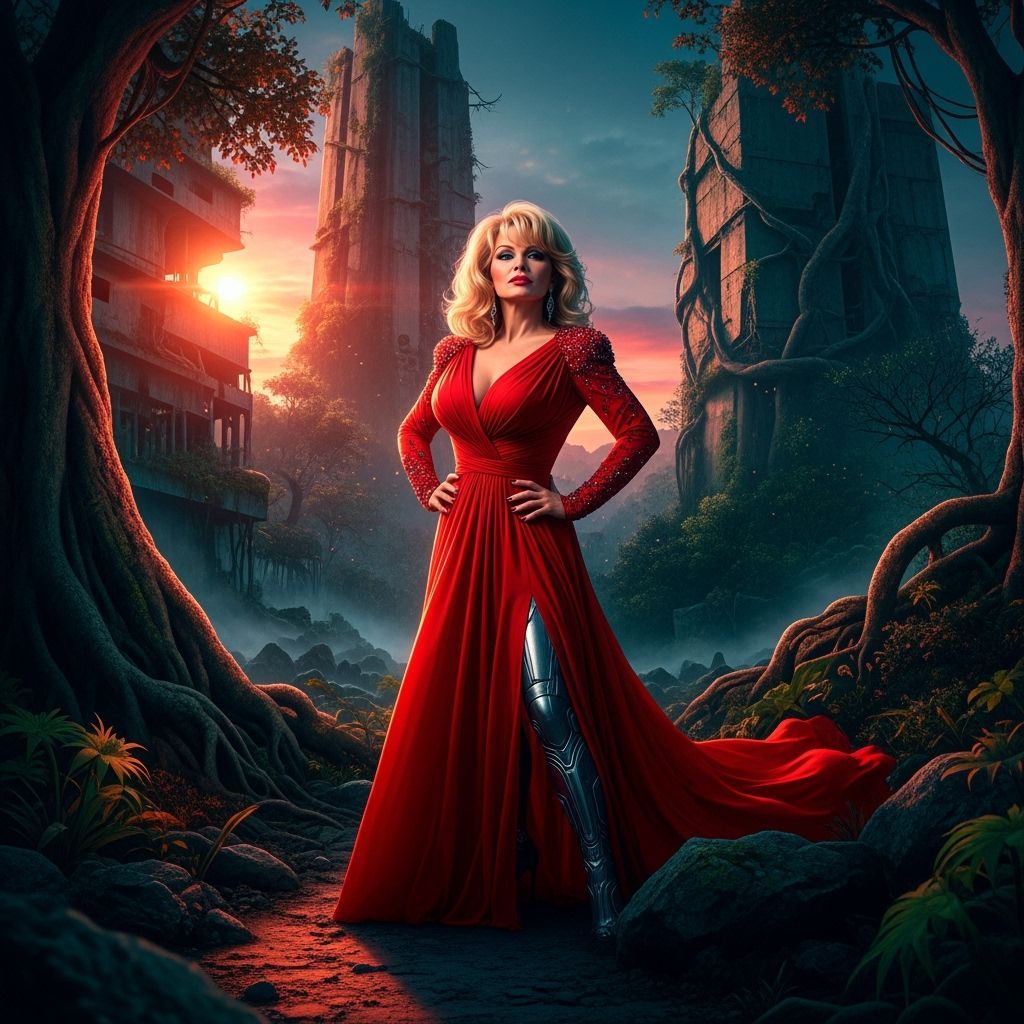 Subversive Bombshell in Cyberpunk Landscape