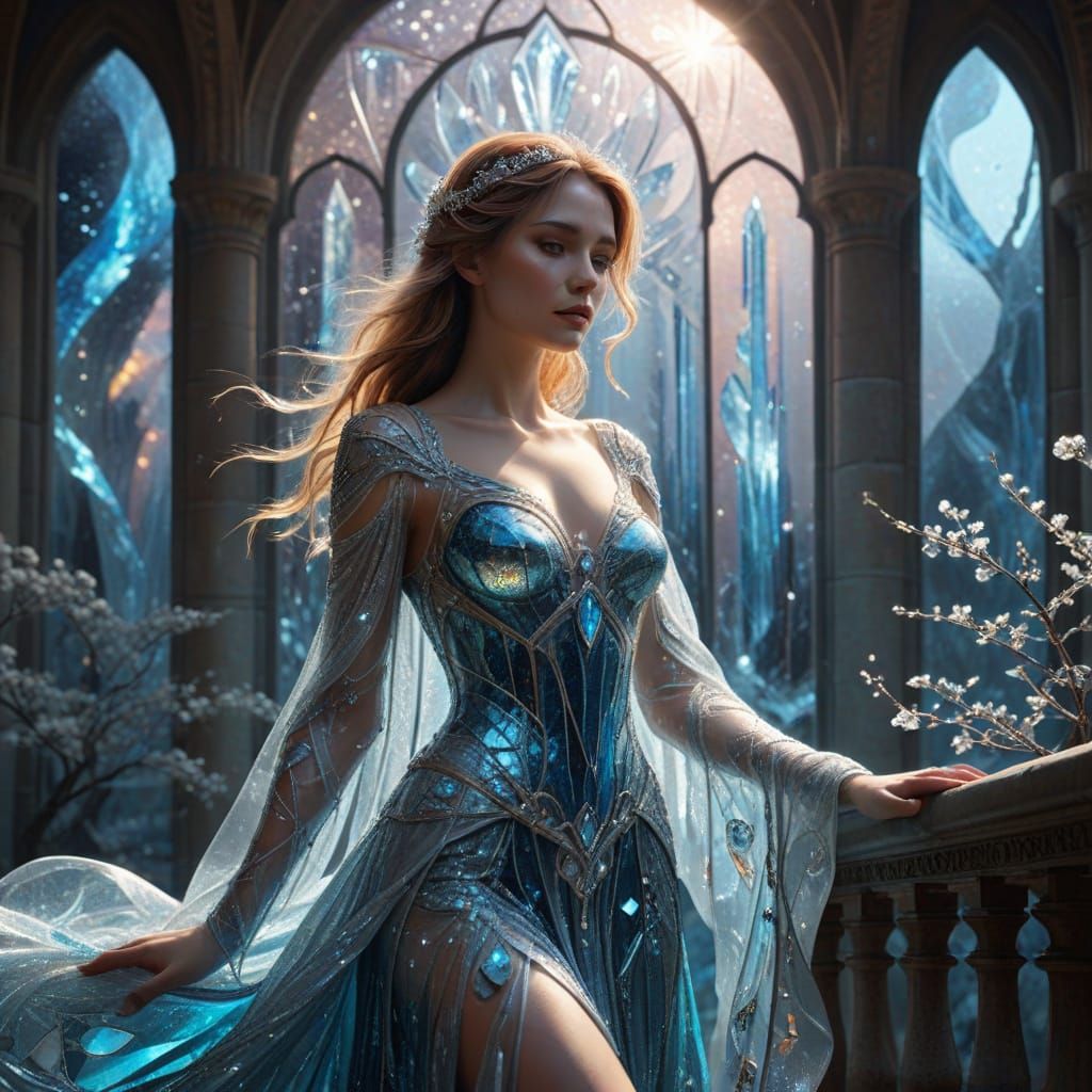 Majestic Glass Ice Castle with Celestial Stained Glass Windo...