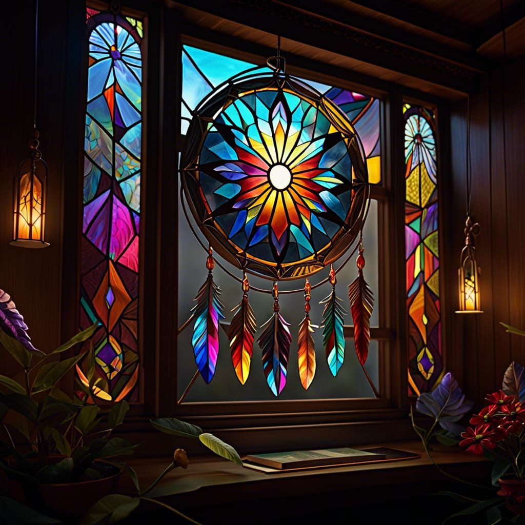 Stained Glass Dream Catcher with Hummingbirds