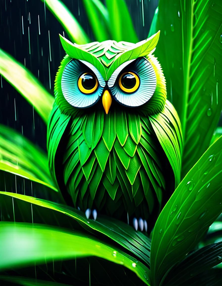 A Whimsical Green Owl in Rainy Splendor