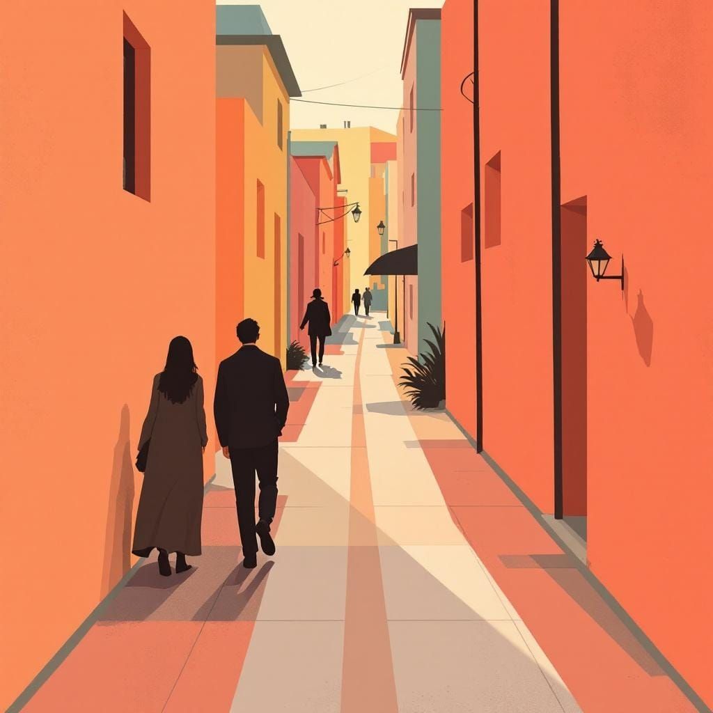 Woman on Quiet Street in Geometric Color-Block Style