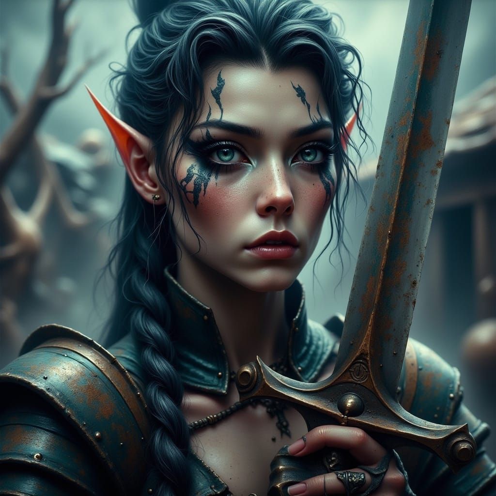 Battle-Worn Half-Elf Warrior in a Dramatic Digital Painting