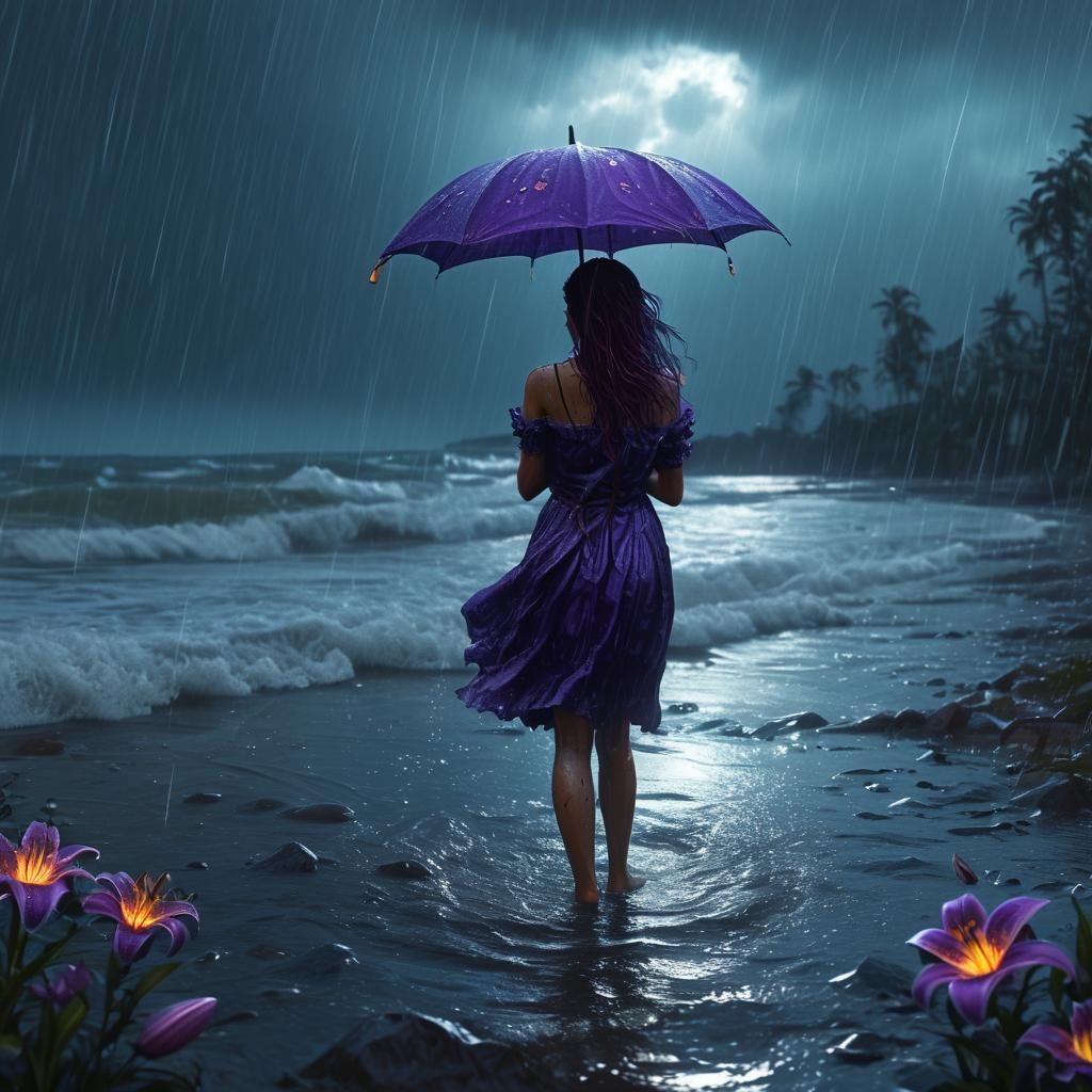 A hlowing Forever Susan Lily  during a rain storm . Purple �...