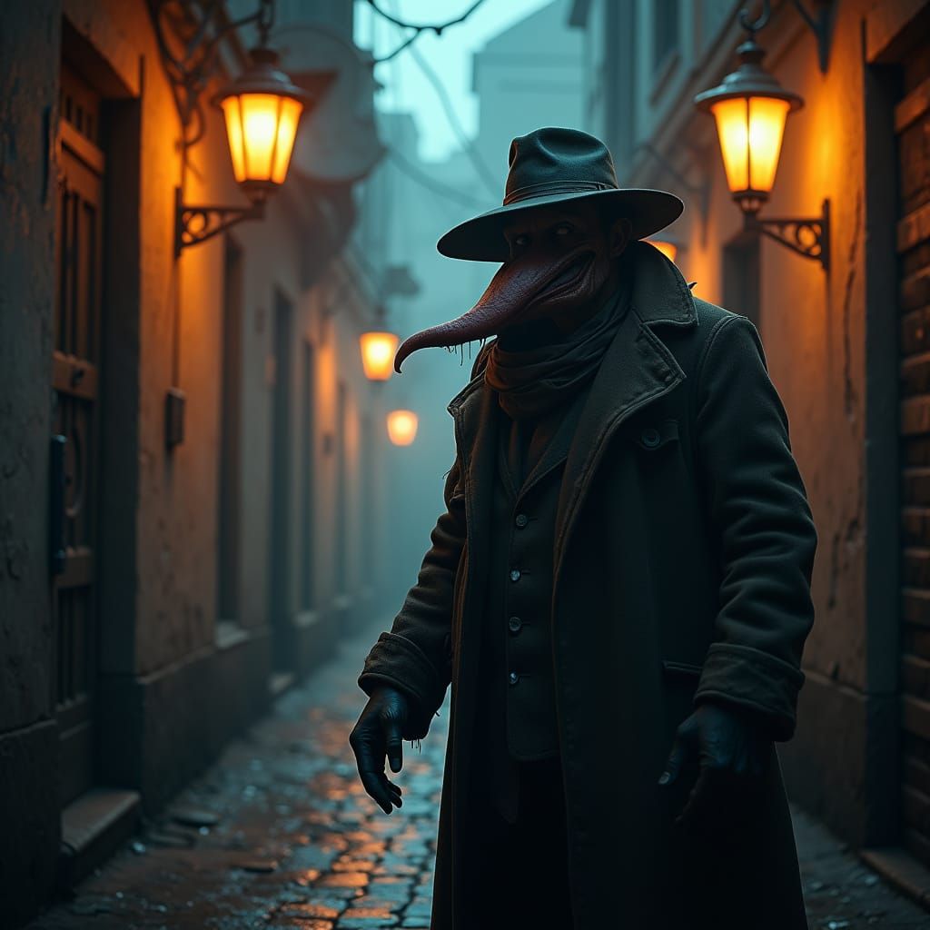 Hyperrealistic Man with Enormous Mouth in Dystopian Alley