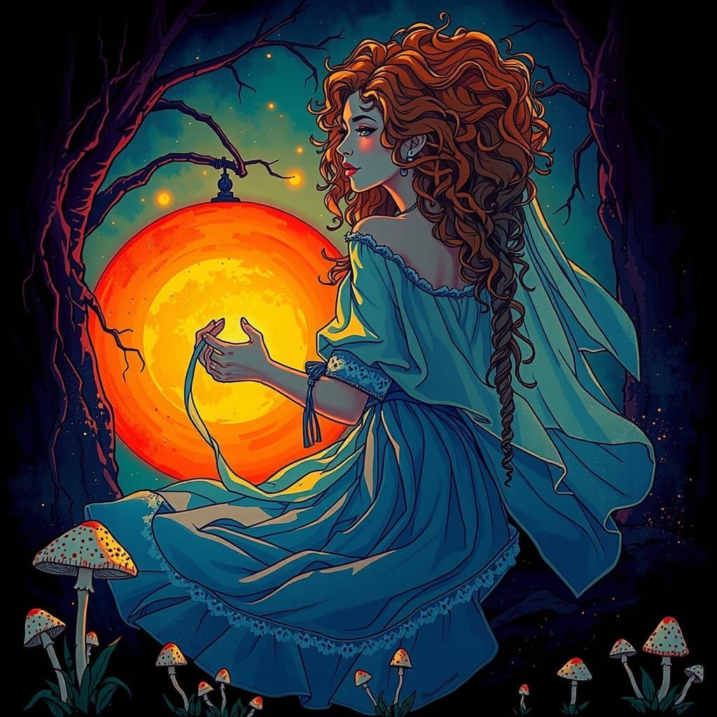 Ethereal Figure in Bioluminescent Forest, Romantic Illustrat...