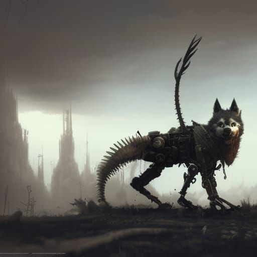 Steampunk Robot Wolf Escapes Wasteland in Painterly Style