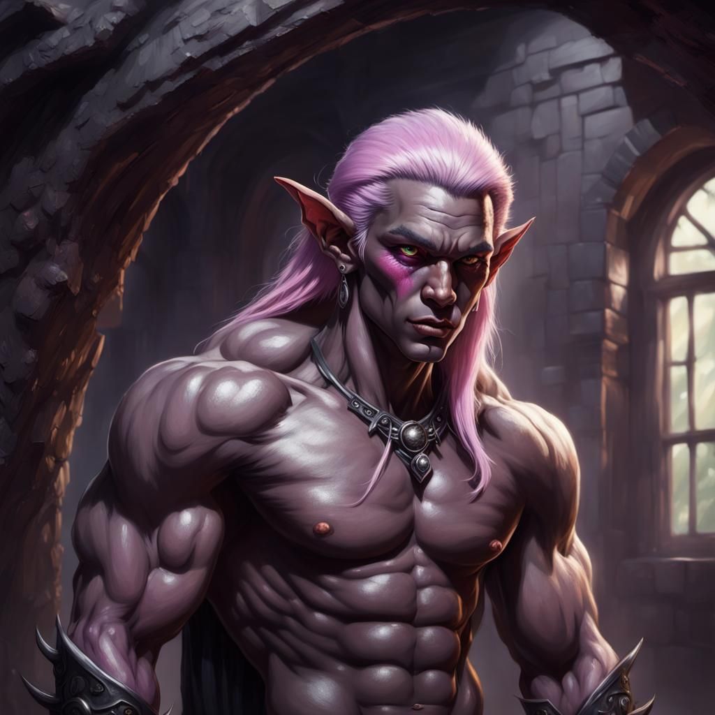 Muscular Dark Elf with Purple Hair, Sinister Art