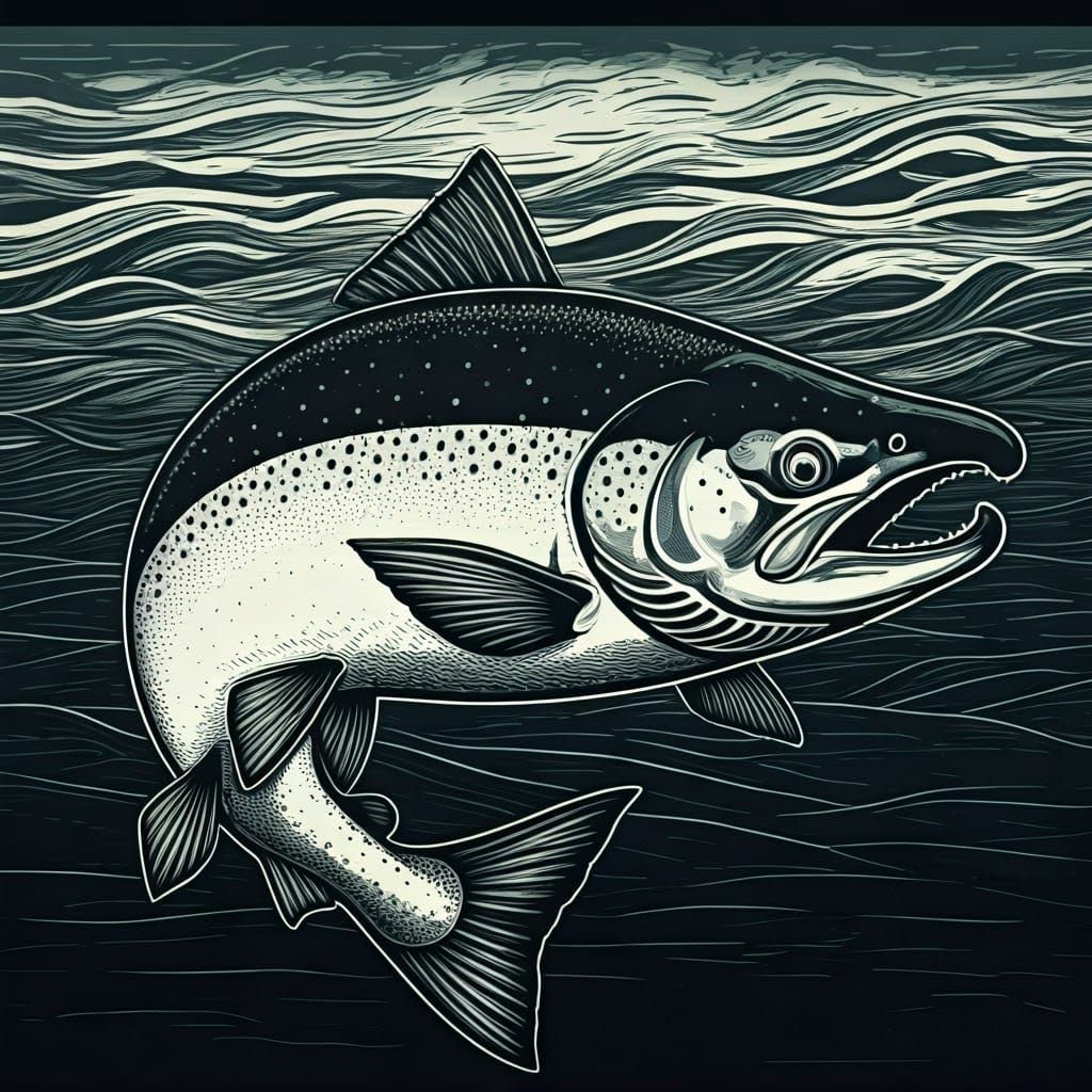 Black and white woodcut of a salmon