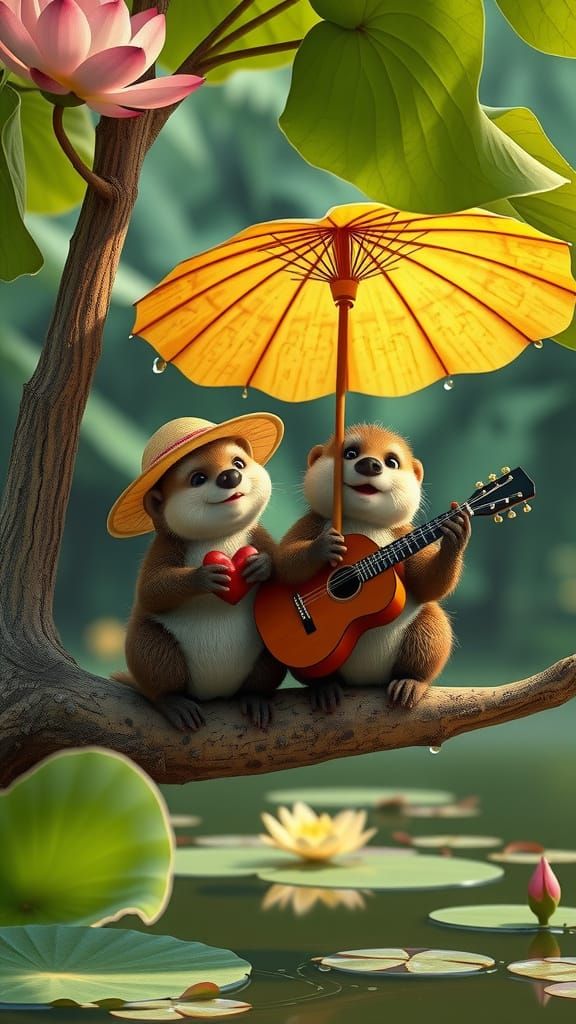 Baby Marmots in Jungle Pond, Pixar Style 3D Animation